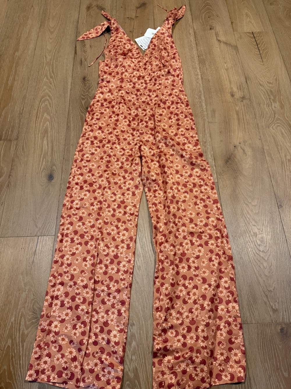 Sandro Floral Tie-Shoulder Wide-Leg Jumpsuit in Rust and Cream